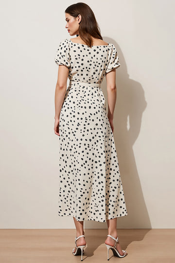 White Polka Dot A Line Midi Work Dress with Short Sleeves